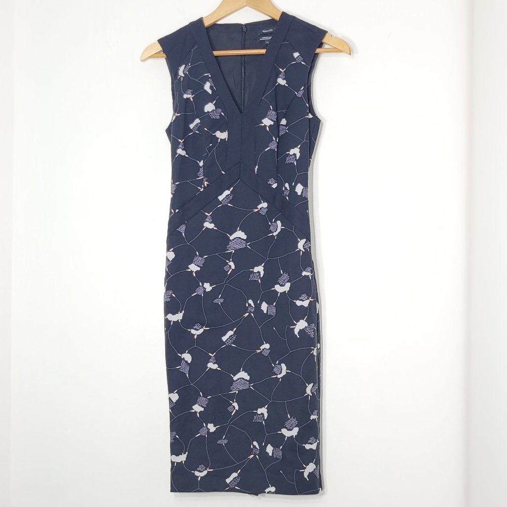 RW&CO Black Gray Sleeveless Back Zip Geo Print Sheath Business Casual Dress Sz 0